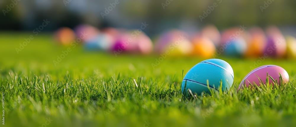 Colorful Easter eggs scattered on green grass