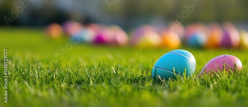 Obraz na płótnie Colorful Easter eggs scattered on green grass w salonie
