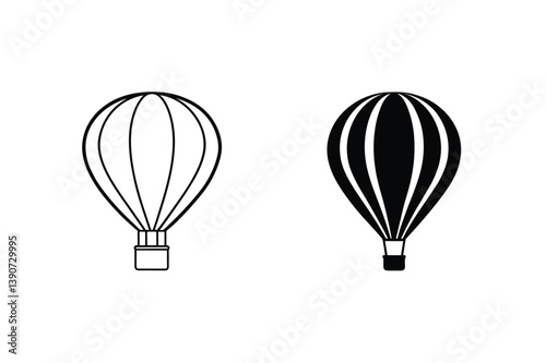Hot Air Balloon Line Art And Silhouette On White Background