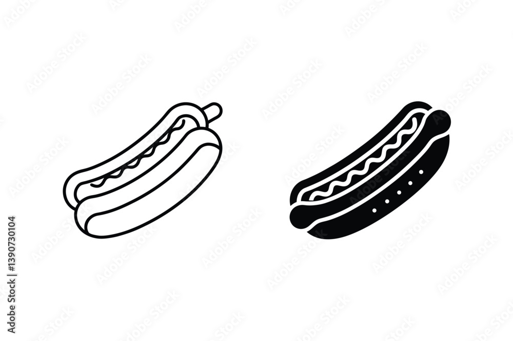 Hot Dog Icons Vector Illustration Black And White Outline Silhouette Style Hot Dog Icons Vector Illustration Black And White Outline Silhouette Style