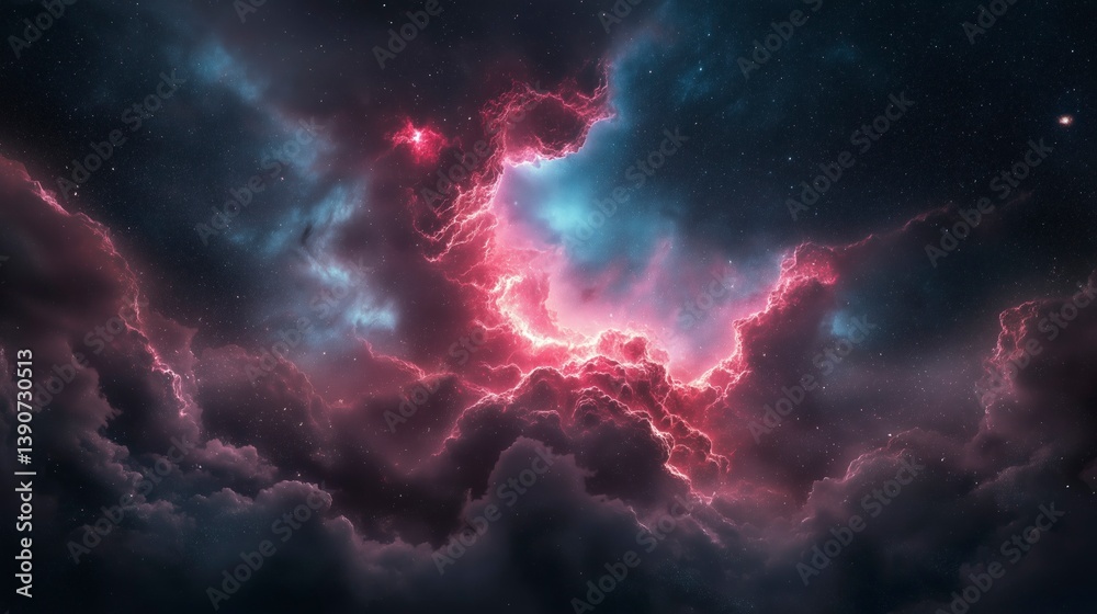 Fototapeta premium Celestial storm brews in vibrant hues above a tranquil cosmic landscape, revealing a dance of nebulas in the night sky Generative AI