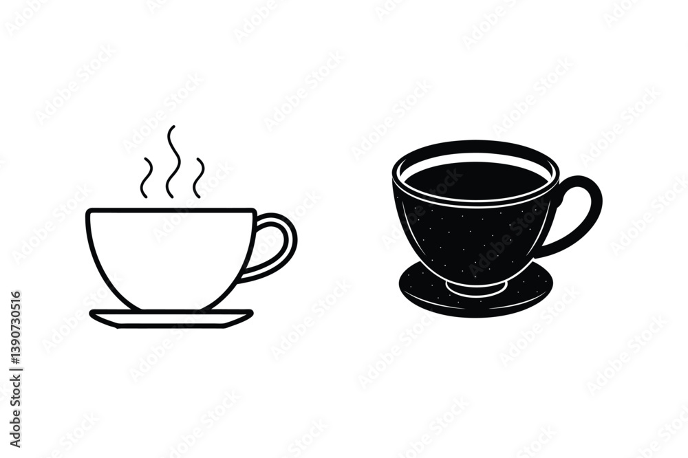 Vector Art Illustration Featuring Two Coffee Cups With Steam And Various Designs Vector Art Illustration Featuring Two Coffee Cups With Steam And Various Designs