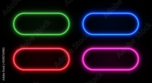 Neon glow rounded rectangle frame. Button led border light. Laser vector set of title templates on black background.