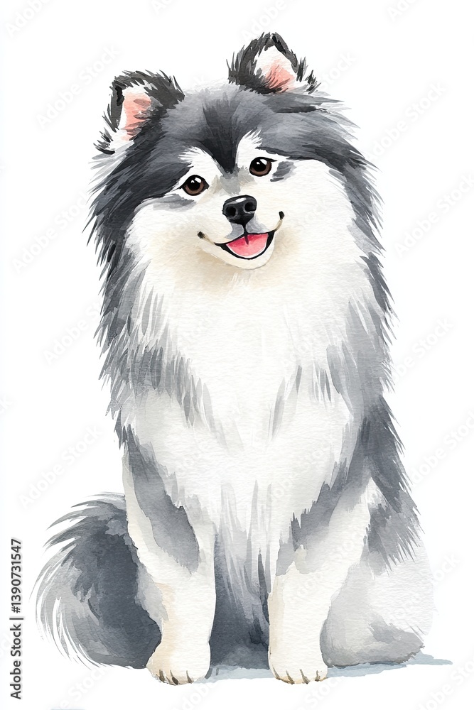 Obraz premium Playful fluffy Pomeranian dog sitting with a happy expression, showcasing its beautiful gray and white fur, adorable features, and lively personality, pet concept