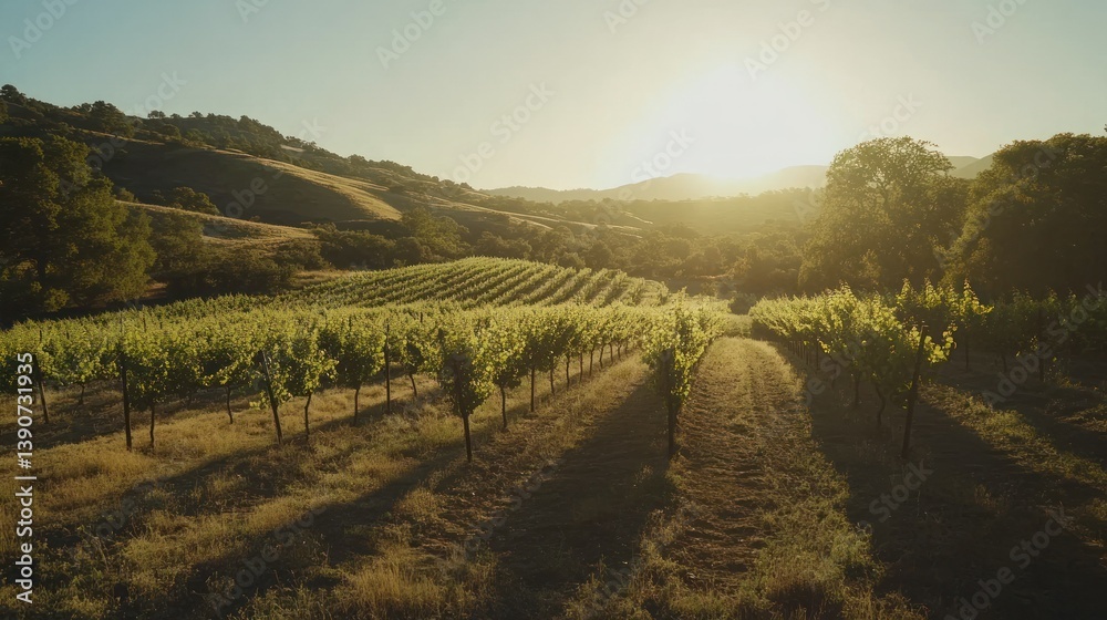 Fototapeta premium Sunset vineyard rows, hillside landscape, golden hour, agriculture, wine