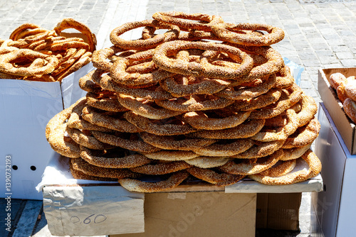 Fototapeta Naklejka Na Ścianę i Meble -  Greek Sesame Bread rings (popular street food) for sale in the streets of Athens, Greece, Europe