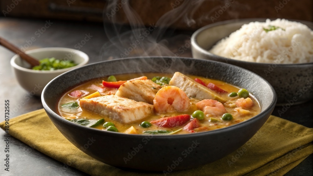 Seafood moqueca with rice in rustic bowl on dark background Seafood moqueca with rice in rustic bowl on dark background
