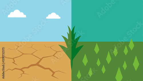 Droughtaffected Farm A comparison image showing a healthy green field on one side and a dry cracked earth on the other illustrating how drought conditions limit crop production.