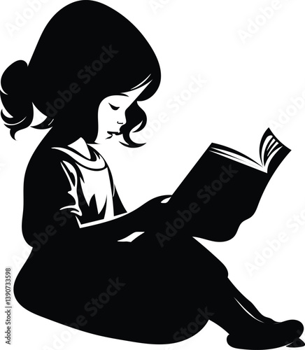 Silhouette of Little Girl Reading a Book peacefully, her hobby reads book