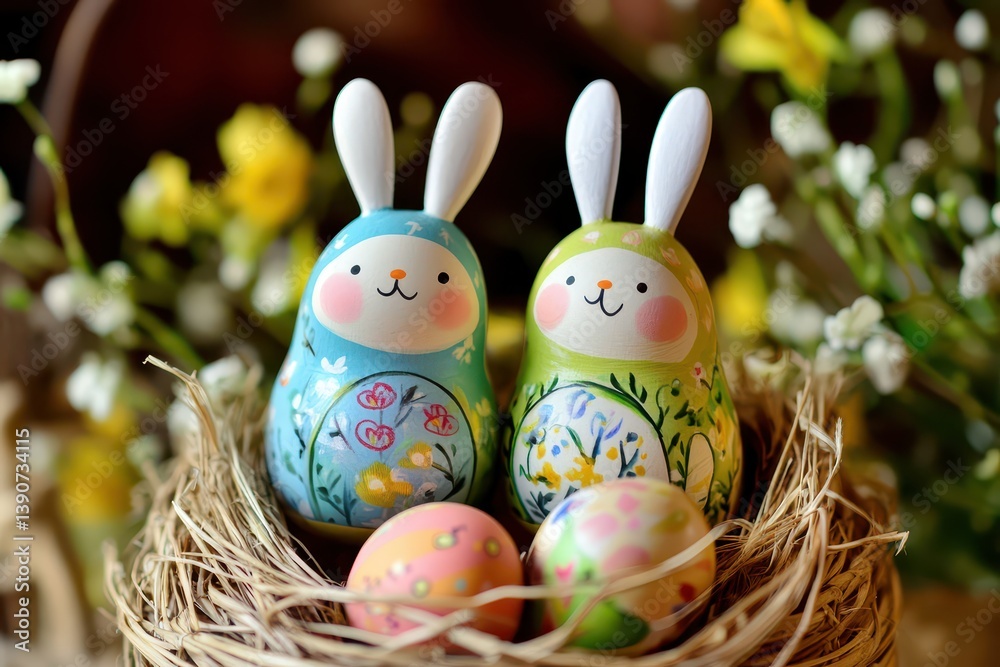 Colorful bunnies with eggs in a decorative nest