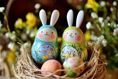 Obraz na płótnie Colorful bunnies with eggs in a decorative nest w salonie