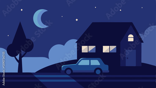 Night Sky A moonlit night scene with a parked car beside a tree casting long shadows toward a distant dimly lit suburban house.