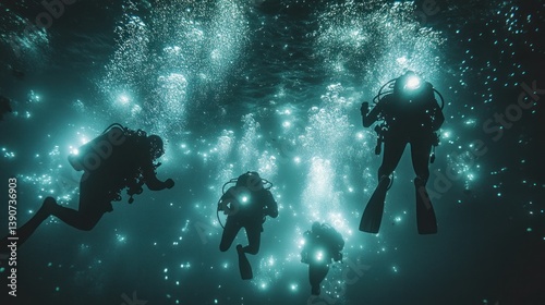 Divers exploring bioluminescent ocean cave photo
