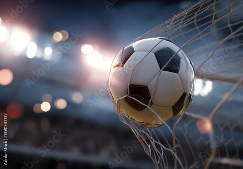 A soccer ball flies into the goal, a close-up of a football in the net against a stadium background with lights