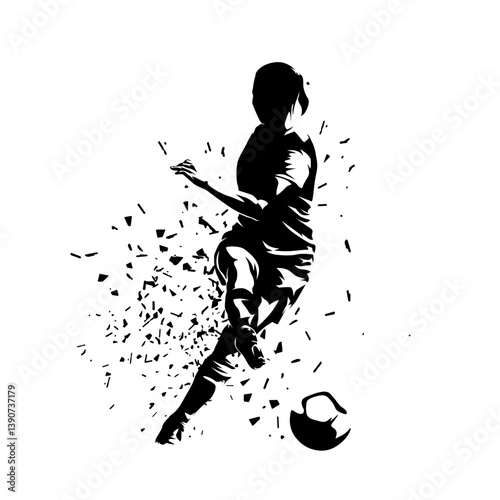 Soccer women, female football player kicking ball, isolated vector silhouette, high contrast illustration, front view