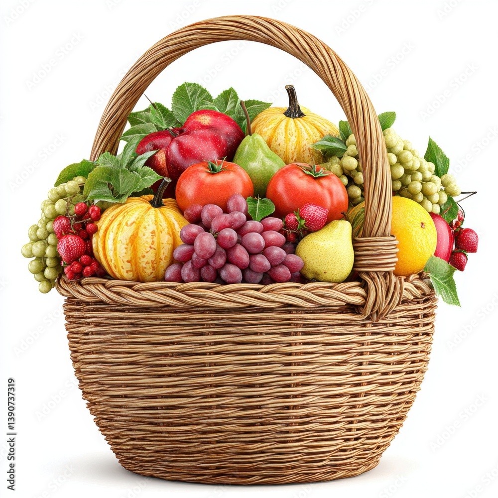 Rustic Brown Wicker Basket Filled with Colorful Autumn Fruits and Vegetables Rustic Brown Wicker Basket Filled with Colorful Autumn Fruits and Vegetables