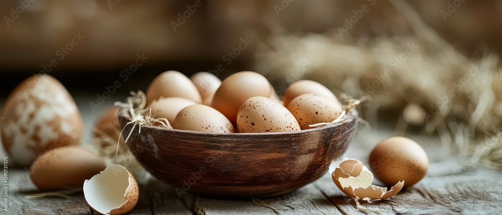 Fresh eggs arranged in a rustic wooden bowl