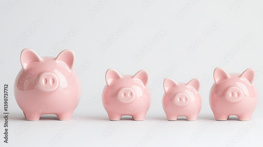 A lineup of four pink piggy banks of varying sizes, displayed against a white backdrop. They symbolize saving and financial growth. A lineup of four pink piggy banks of varying sizes, displayed against a white backdrop. They symbolize saving and financial growth.