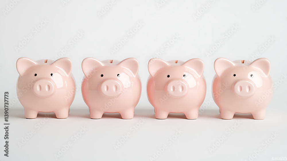 Four pink piggy banks sit in a row, symbolizing savings, financial planning, and investment for the future. Deposit coins & watch your money grow. Four pink piggy banks sit in a row, symbolizing savings, financial planning, and investment for the future. Deposit coins & watch your money grow.