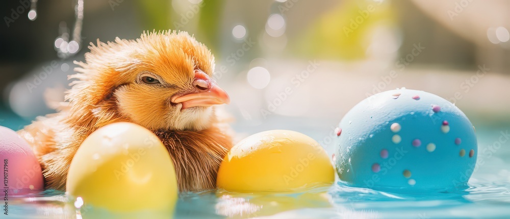 Chick resting among colorful eggs in bright light