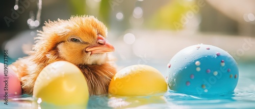 Obraz na płótnie Chick resting among colorful eggs in bright light w salonie