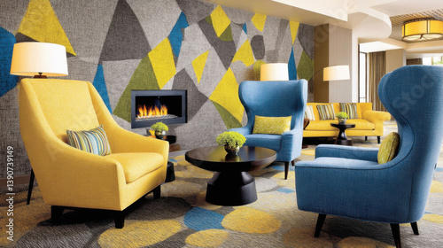 Modern Lobby Interior with Yellow and Blue Armchairs and Geometric Wall Design