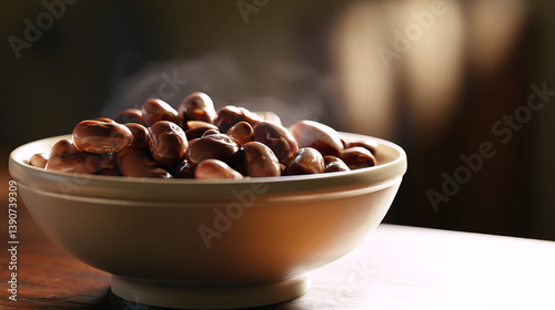 Cooked beans in a white bowl steaming and shining visibly photo