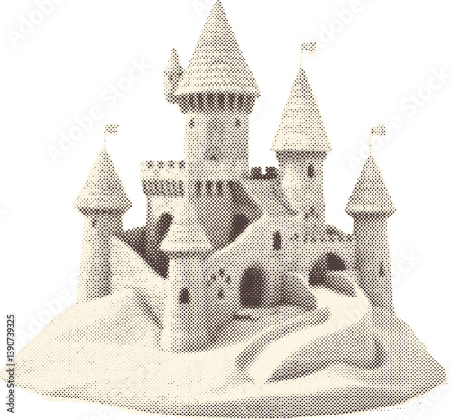 Retro Sandcastle Illustration in Halftone Texture evokes Vintage Summer Vibes and Classic Beach Nostalgia with Playful Pop Art Aesthetic.