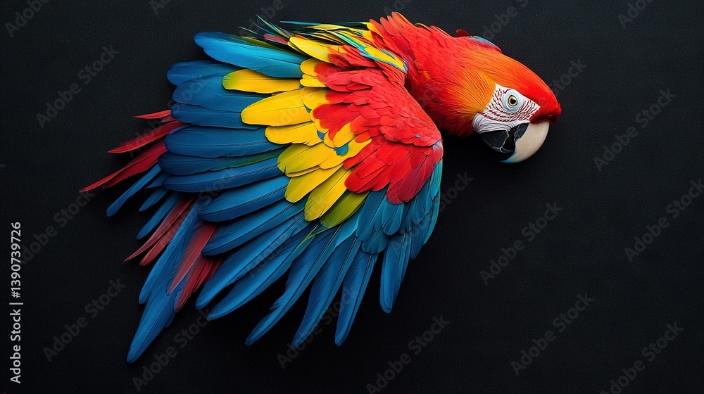 Fototapeta premium Multicolored parrot on black surface with head on wing