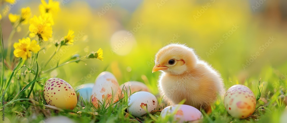 Chick surrounded by colorful eggs in spring meadow