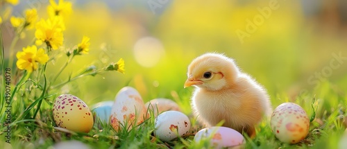 Obraz na płótnie Chick surrounded by colorful eggs in spring meadow w salonie