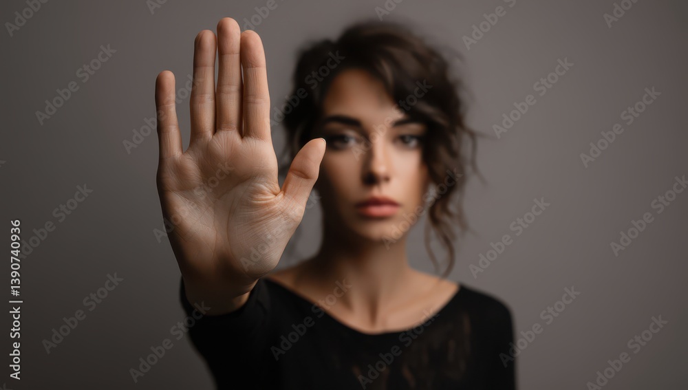 a woman holding her hand up in a gesture of refusal, isolated against a grey background a woman holding her hand up in a gesture of refusal, isolated against a grey background