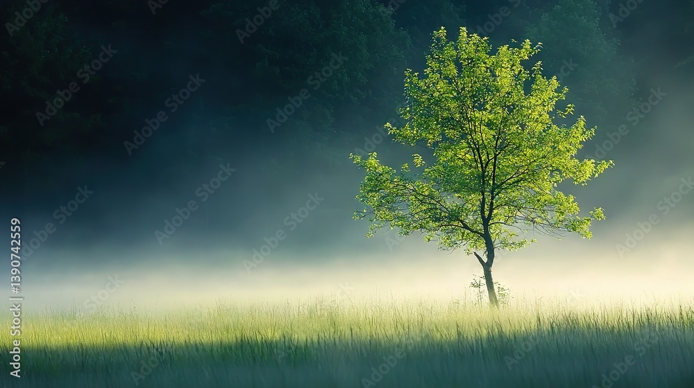 Fototapeta premium A single tree stands amidst towering grasses, framing the hazy forest ahead