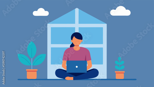 Calm Environment A serene home setting with a person sitting comfortably with a laptop before a window showing a relaxing ambiance that promotes mental wellbeing.