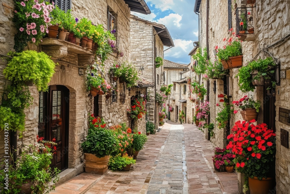 Fototapeta premium Charming Italian Village: Vibrant Streets of Assisi Adorned with Stone Buildings and Flowering Geraniums