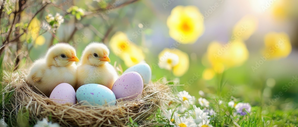 Chicks and colorful eggs in a spring garden