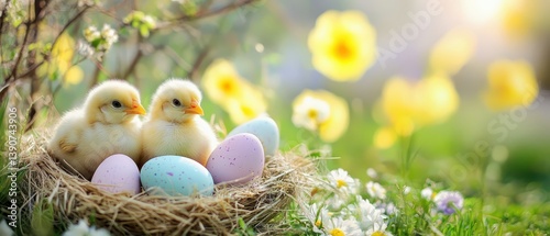 Obraz na płótnie Chicks and colorful eggs in a spring garden w salonie