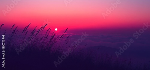 Sunrise over a Misty Mountaintop. Sunset sky view photo