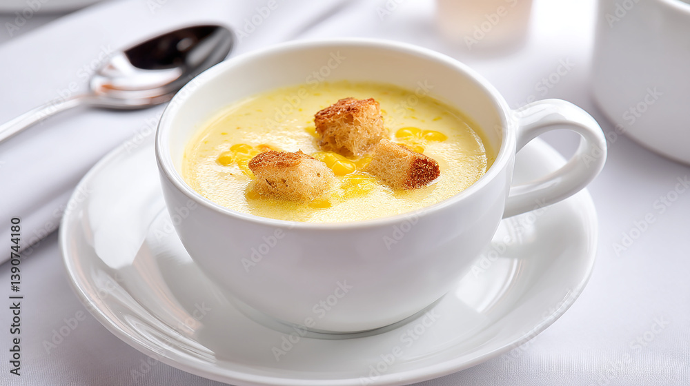 Corn soup in a cup with floating croutons, light tones Corn soup in a cup with floating croutons, light tones