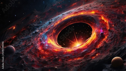 A dark black hole surrounded by a fiery, glowing accretion disk in space.