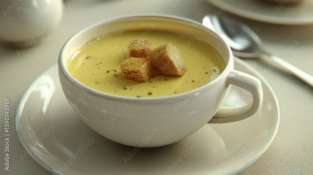 Corn soup in a cup with floating croutons, light tones Corn soup in a cup with floating croutons, light tones