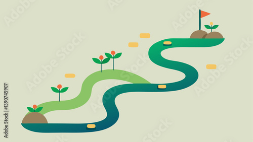 Growth Journey A winding path with milestones marked by small plants at different stages of growth illustrating that progress is a journey with ups and downs rather than a straight