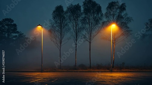 Foggy night parking lot lit by streetlights