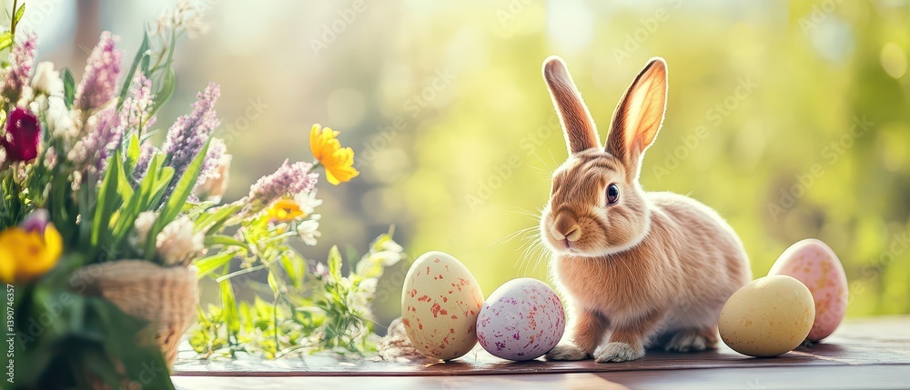 Spring rabbit with eggs and flowers