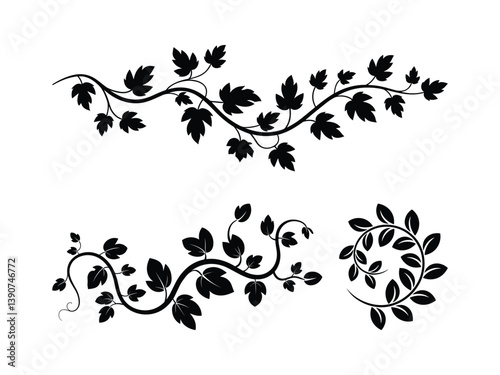 Leafy Vines Silhouettes: Botanical Borders & Frames Vector