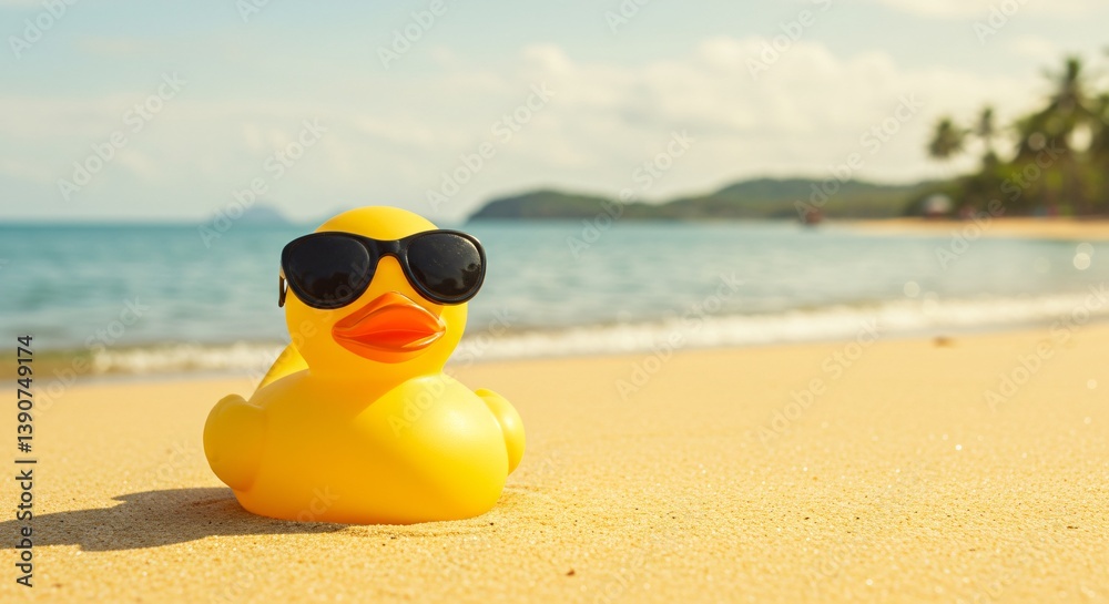 Obraz premium A yellow rubber duck wearing black sunglasses is sitting on a sandy beach. The background shows a clear blue sea, a green coastline, and a partly cloudy sky, indicating a summer vacation setting.