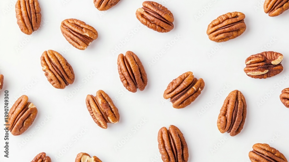 A high-definition image of delicate pecans scattered in an artistic flow across a white backdrop A high-definition image of delicate pecans scattered in an artistic flow across a white backdrop