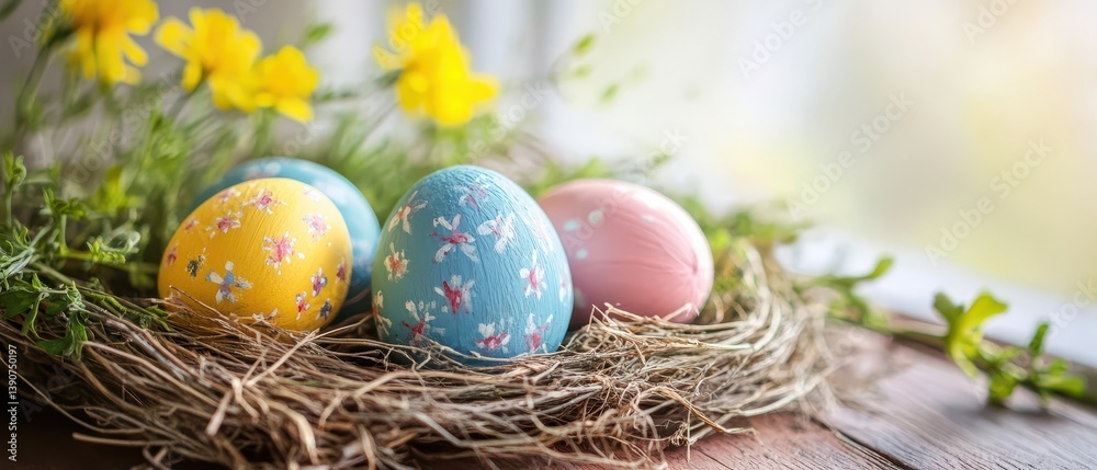 Colorful Easter eggs in a natural nest setting