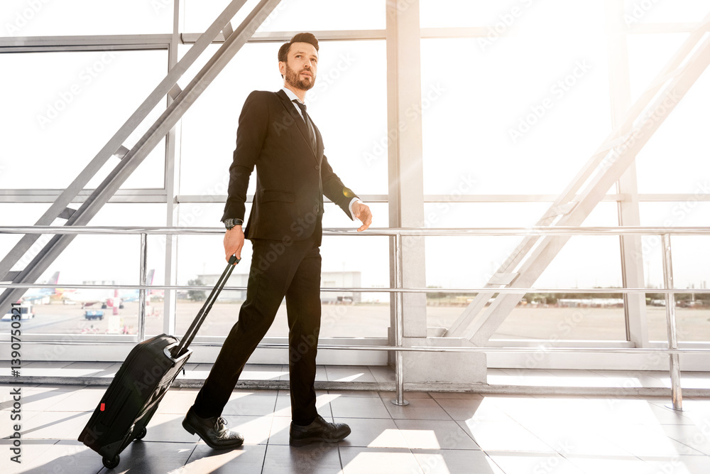 Side view of businessman with suitcase standing next to window at airport, looking at airplane, copy space. Wealthy man in black suit waiting for departure, looking through the window, sun flare Side view of businessman with suitcase standing next to window at airport, looking at airplane, copy space. Wealthy man in black suit waiting for departure, looking through the window, sun flare