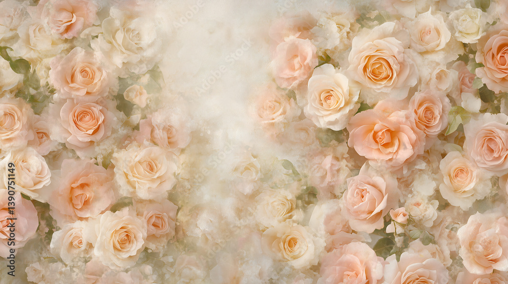 Delicate peach and cream roses clustered together, creating a soft, romantic, and textured floral background perfect for feminine designs. Delicate peach and cream roses clustered together, creating a soft, romantic, and textured floral background perfect for feminine designs.